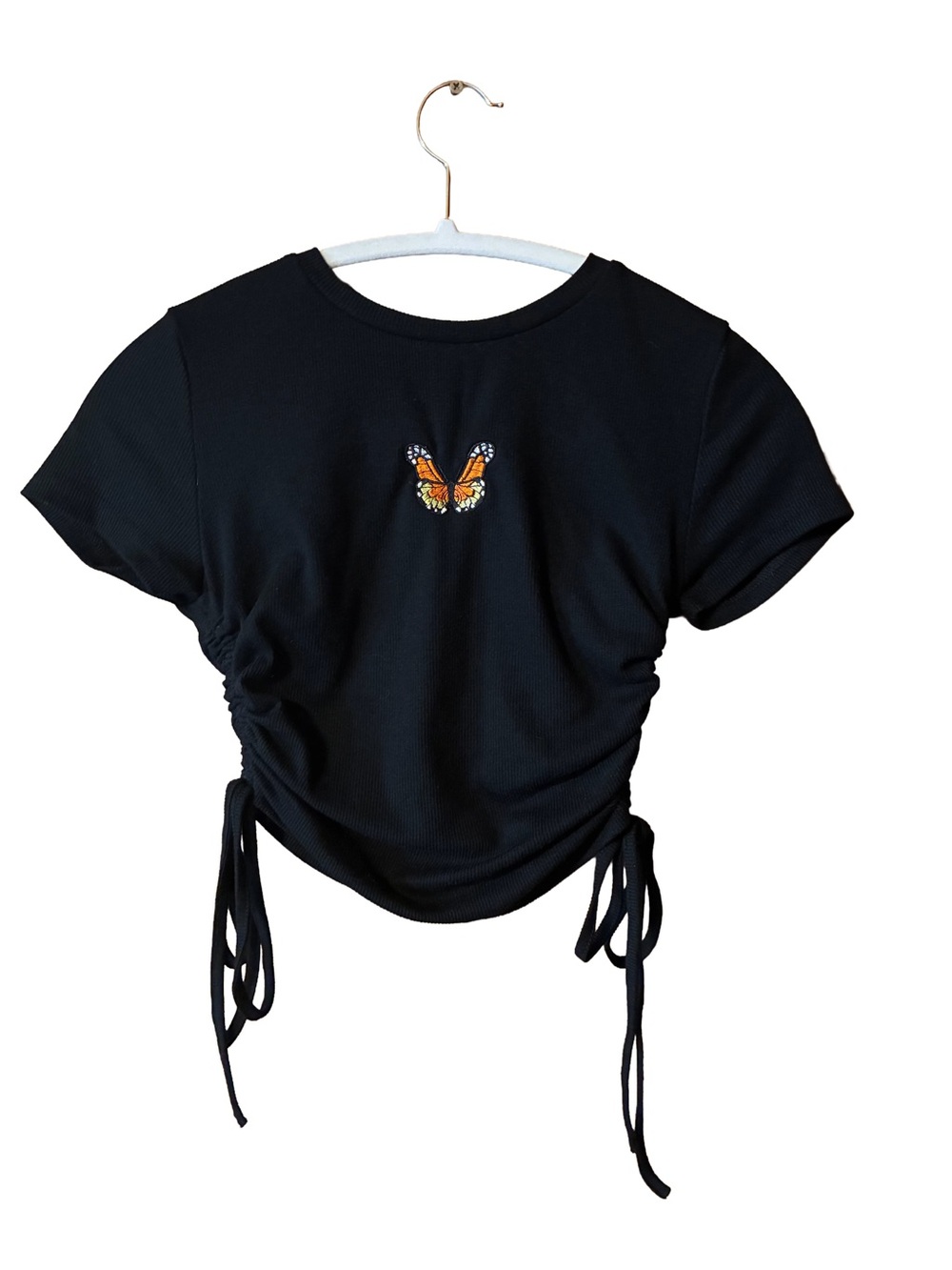 SHEIN Black Ribbed Butterfly Side Tie Crop Top